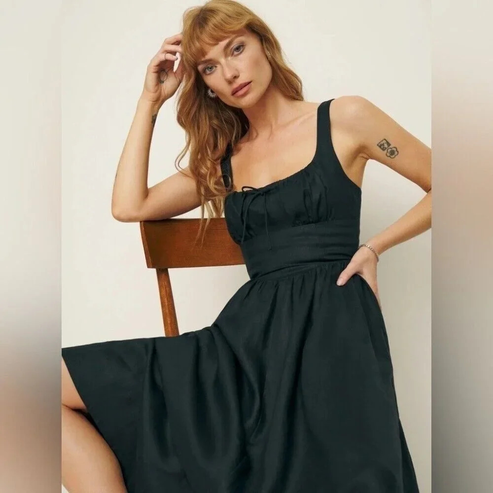 NEW Reformation Balia Linen Midi Dress in Black | size 2 - Picture 1 of 12